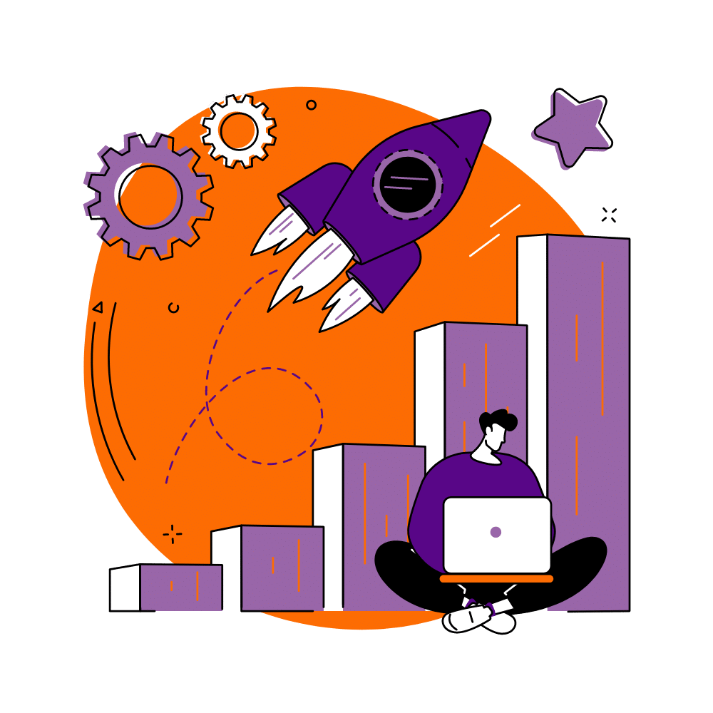 Ilustración de un consultor SEO con una computadora sentado en el suelo.